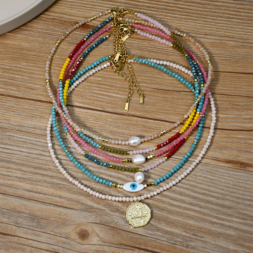 Ожерелье с натуральным пресноводным барочным жемчугом и монеткой от сглаза, блестящие хрустальные бусины, красочный чокер в стиле бохо, Женский ошейник с подвеской