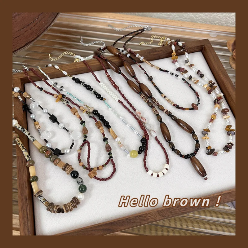 

Minar Vintage Multi Designs Coffee Color Natural Stone Pendant Necklace for Women Colorful Wood Beads Choker Necklaces Jewelry