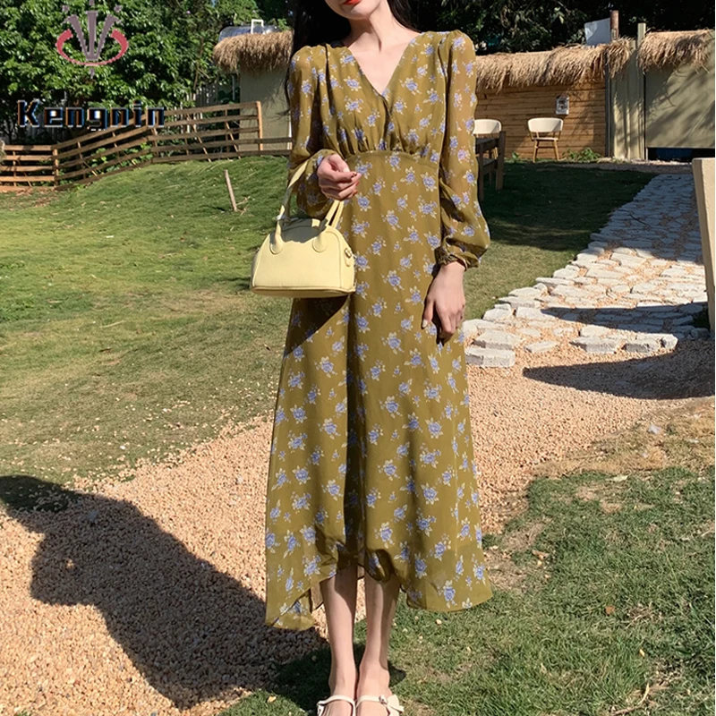 

Женское шифоновое платье с цветочным принтом, свободное Повседневное платье с длинным рукавом, KE1780, весна-лето 2022