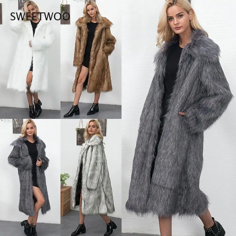 Winter Womens  Faux Fur Coat Long Slim Thicken Warm Hairy Jacket Trendy Warm Outerwear Fur Coat Trenchcoat Contracted