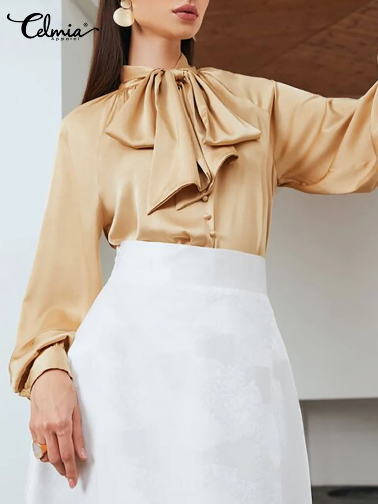 

Celmia Elegant Women Shirts 2022 Autumn Solid Color Fashion Satin Blouses Bow Tie Collar Femme Lantern Sleeve Office Lady Tops