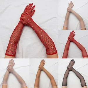 Stretch Rhinestones Five Fingers Mittens Colorful Flash Diamonds Hollow Mesh Gloves Thin Cosplay Sex in India