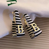 925 silver needle black and white earrings versatile square leather black white zebra stripe letter b shape earrings female
