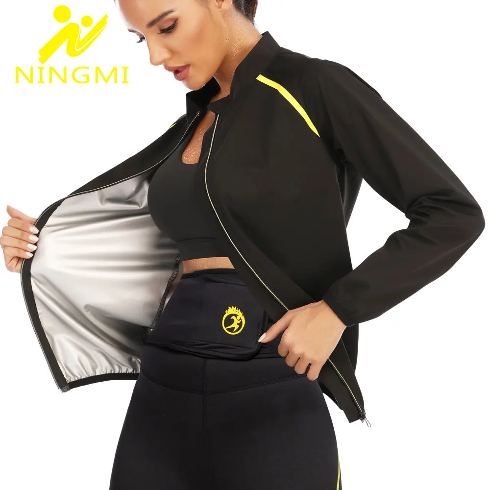 

NINGMI Women Sauna Top Zipper Workout Slimming Jacket Hot Sweat Shirts Weight Loss Suit Fat Burning Yoga Waist Trainer Sportwear