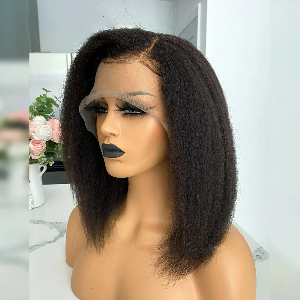 

Preplucked Glueless Blunt Cut Short Bob 14 inch Natural Black Yaki Kinky Straight Soft Lace Front Wigs For Women With Baby hair