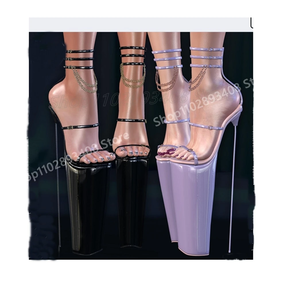 Фиолетовые блестящие сандалии с металлической цепочкой и пряжкой ремни открытым