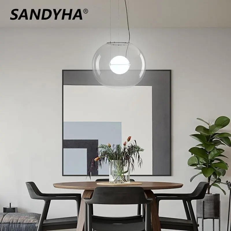 

SANDYHA Nordic Luxury Pendant Lightings Smoke Grey Modern Home Design LED Hanging Fixture Bedroom Glass Ball Kitchen Double Lamp