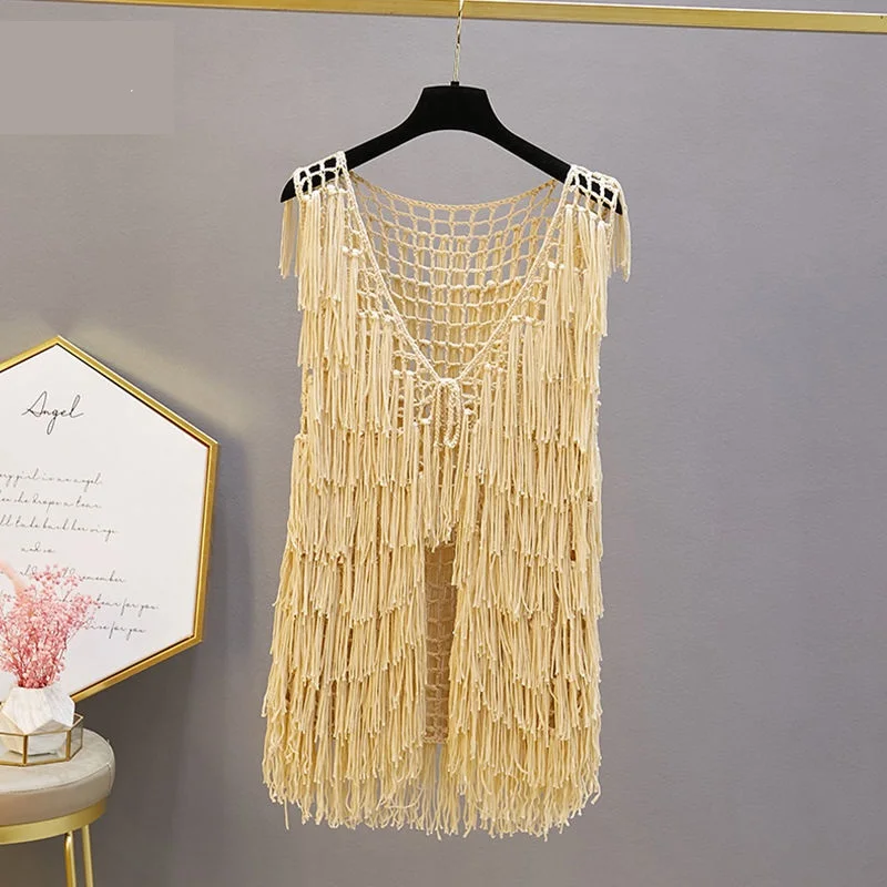 

2022 Spring Autumn New Knitted Vest Tassel Hollowed Sleeveless Lady Mesh weaving Vest Women's Cardigan Coat Khaki