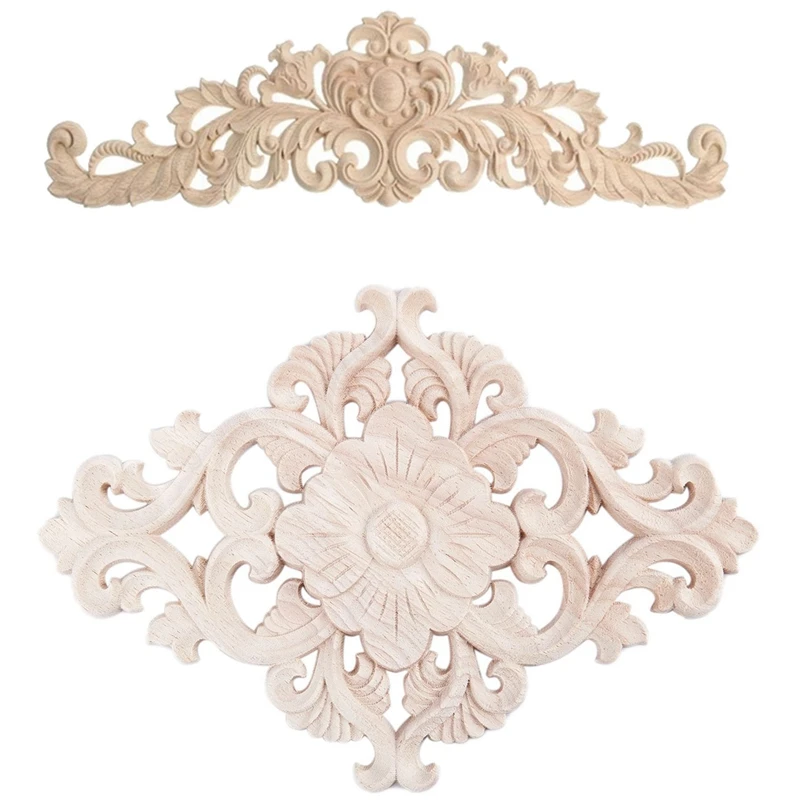 

40X12cm Rubber Wood Carved Applique Furniture Wood Color & Lots Wood Carved Long Onlay Applique Unpainted Flower 21X15cm