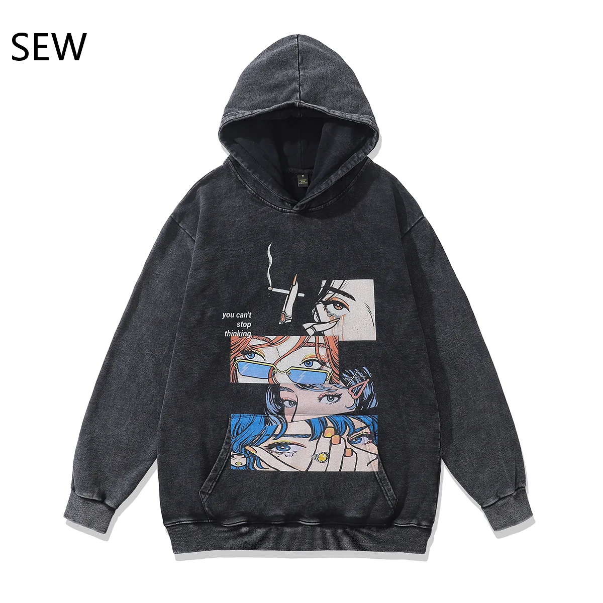 

Autumn And Winter Hip-Hop Cartoon Jigsaw Print Y2K Style Loose Cotton Men's Hooded Sweater