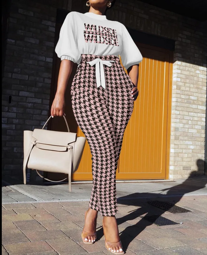 

Женский офисный комплект из блузки и брюк, Повседневная рубашка с коротким рукавом и принтом, брюки на шнуровке, комплект из двух предметов, топ для весны и осени, 2023