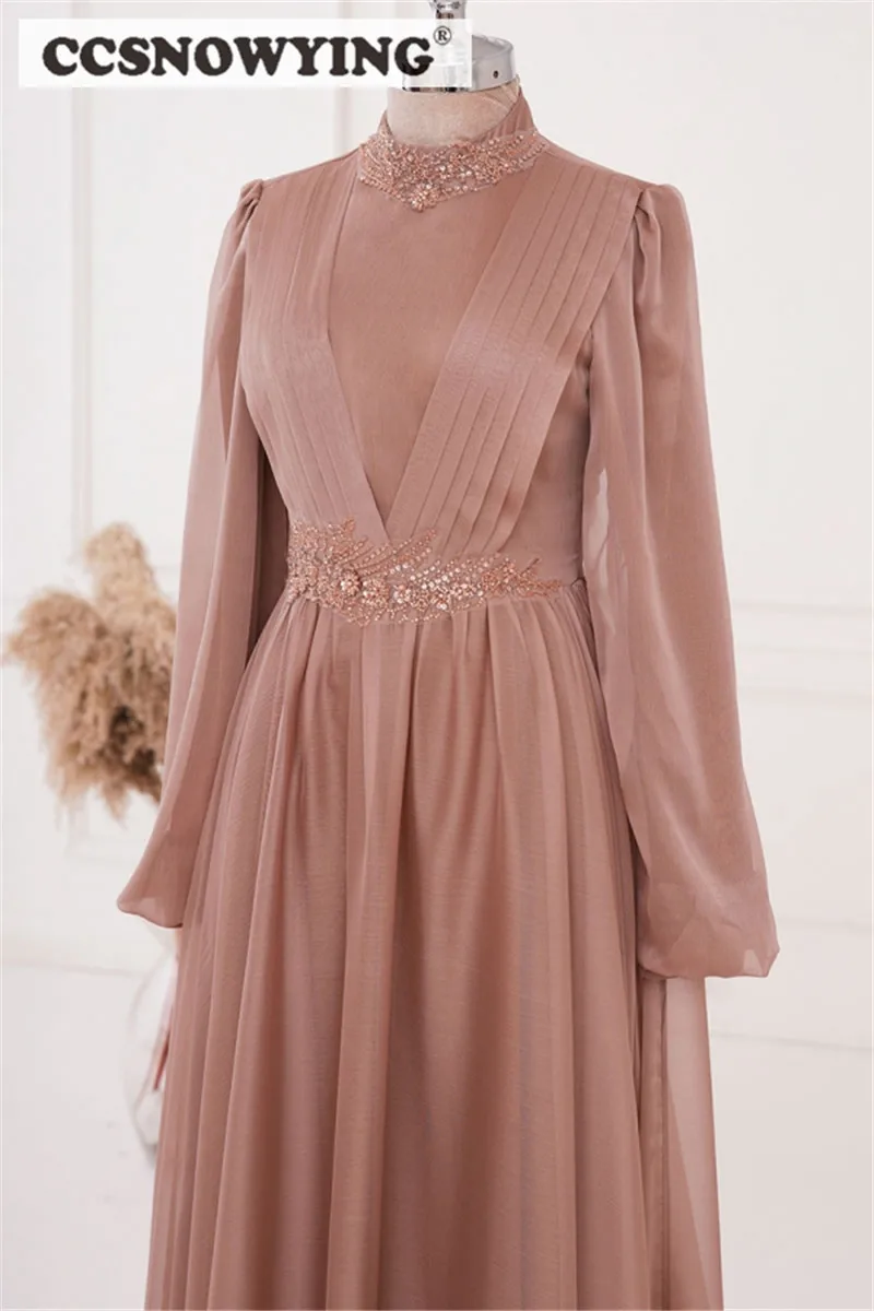 Dusty Rose Long Sleeve Muslim Evening Dresses Chiffon Appliques Islamic Hijab Formal Party Gown Women Prom Dress Robe De Soiree images - 6