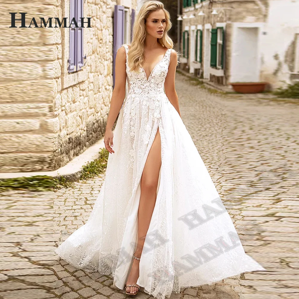 

HAMMAH Slit Wedding Dresses Sleeveless V Neck Modern Illusion Zipper Vestidos De Novia Brautmode Court Train Lace Appliques