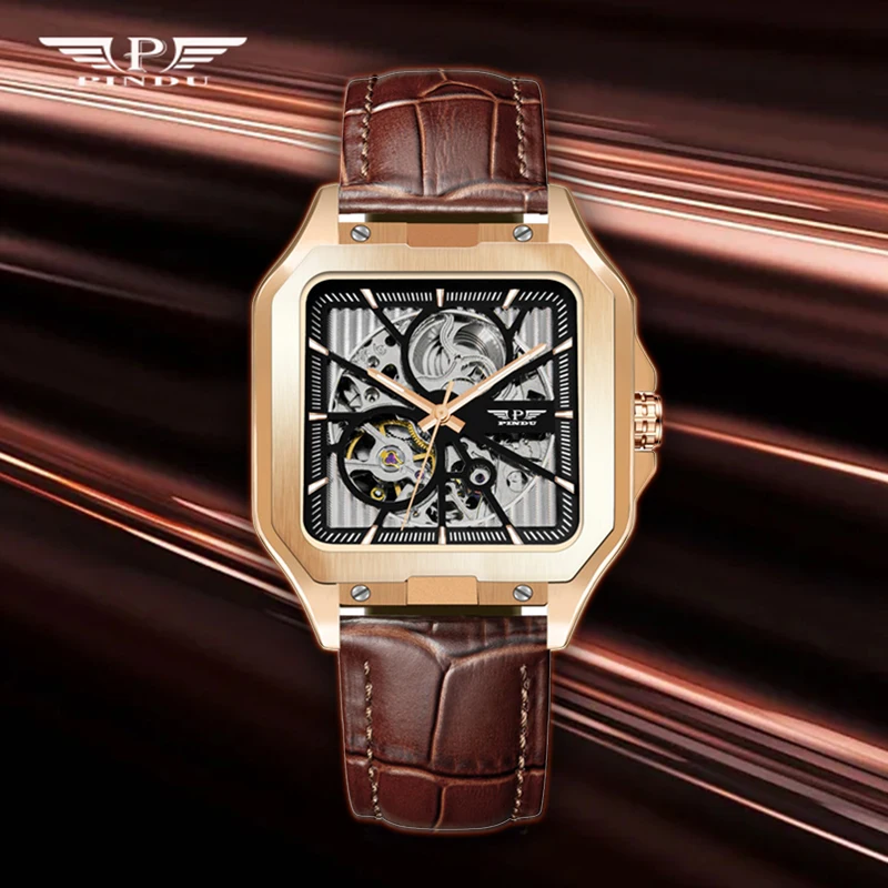 PINDU New Style Square Double Sided Hollow Out Design Men Automatic Mechanical Watch 316L Waterproof Leather Watches For Men