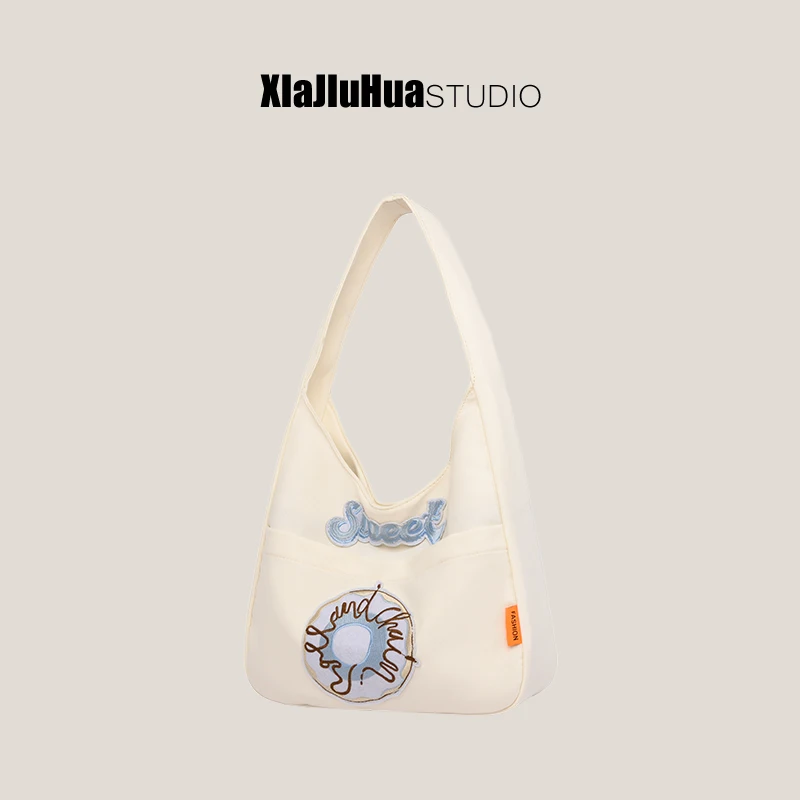 

Холщовые сумки с пончиком, Женская вместительная сумка-тоут с вышивкой, школьная сумка через плечо