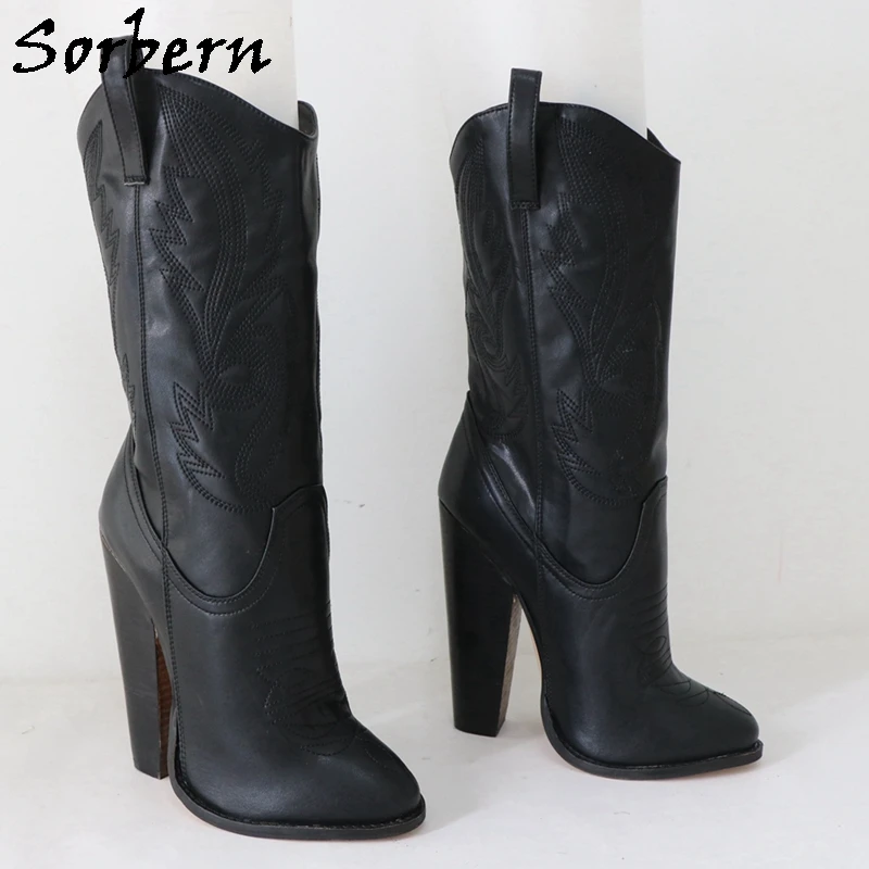 Sorbern Genuine Leather Embroider Ankle Boots Unisex Cowboy Boots Block Heel Pointy Toes Black Matt Retro Style Custom Booties