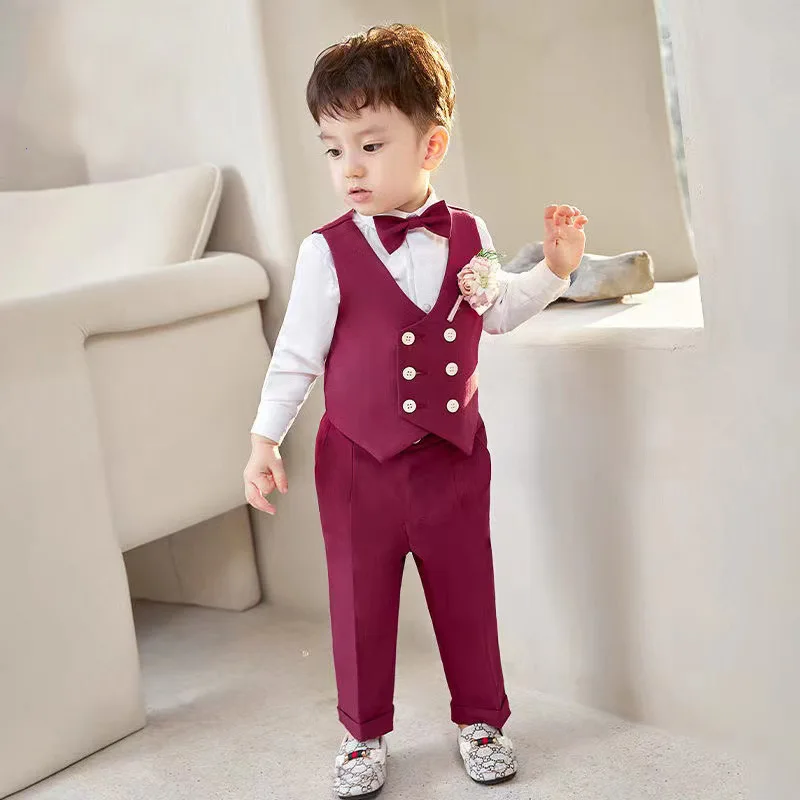 

Children's Spring Autumn Vest Suits Set Boys Birthday Party Host Wedding Performance Costume Kids Waistcoat Pants Bowtie Clothes
