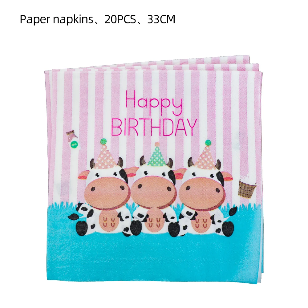 

20Pcs Pink Farm Cow Theme Birthday Party Disposable Tableware Cups Napkins Plate Balloon Banner for Baby Shower Party decorate