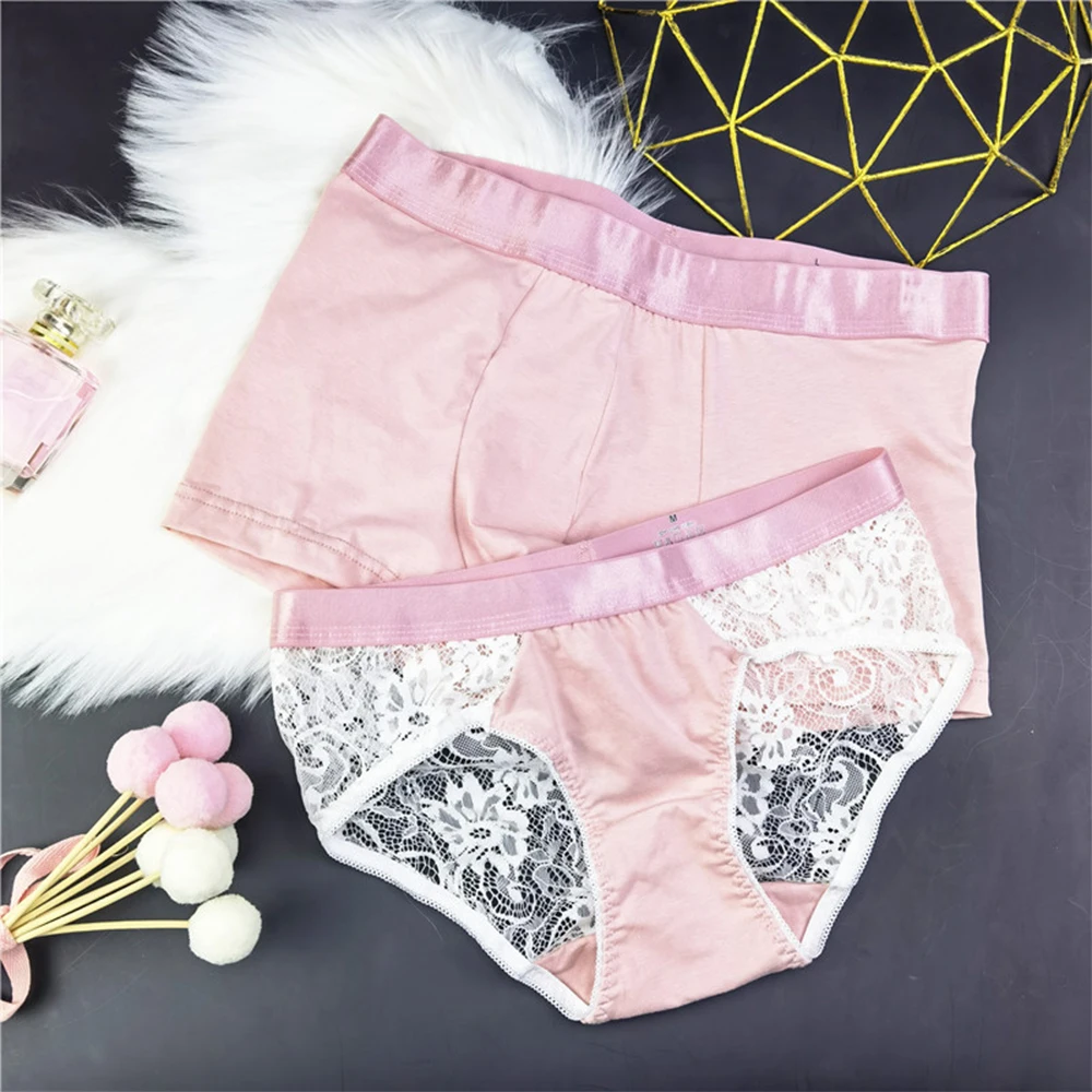 

Couple Lace Underwear Cotton Panties Sexy High Quality See-Through Women Briefs Men Shorts U Convex Pouch Boxer Shorts Undies