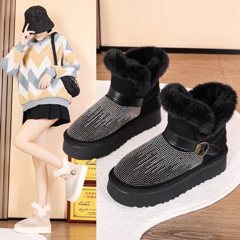 

Зимние сапоги 2022 новая зимняя мода стразы меховые слитные женские зимние теплые сапоги из шерсти и хлопка