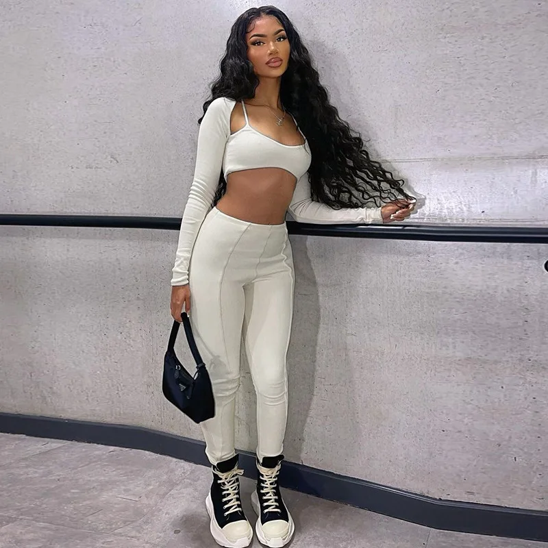 

2022 Spring Women's New Sexy Navel Navel Slim Short Long Sleeve Top Sexy High Waist Casual Women's Trousers Suit Women