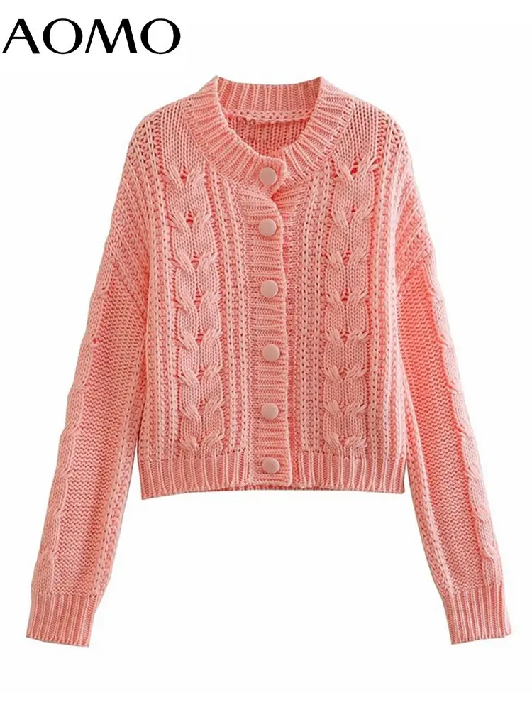 

AOMO Women Pink Twist Buttons Crop Cardigan Vintage Jumper 2022 Female Knitted Cardigan 3N67A