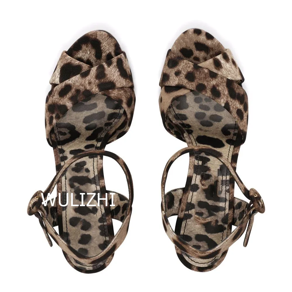 Black Brown Leopard Print Velvet Wedge Sandals Women Slingback Buckle Heels Simple Fashion Hollow Design Summer Patchwork Shoes
