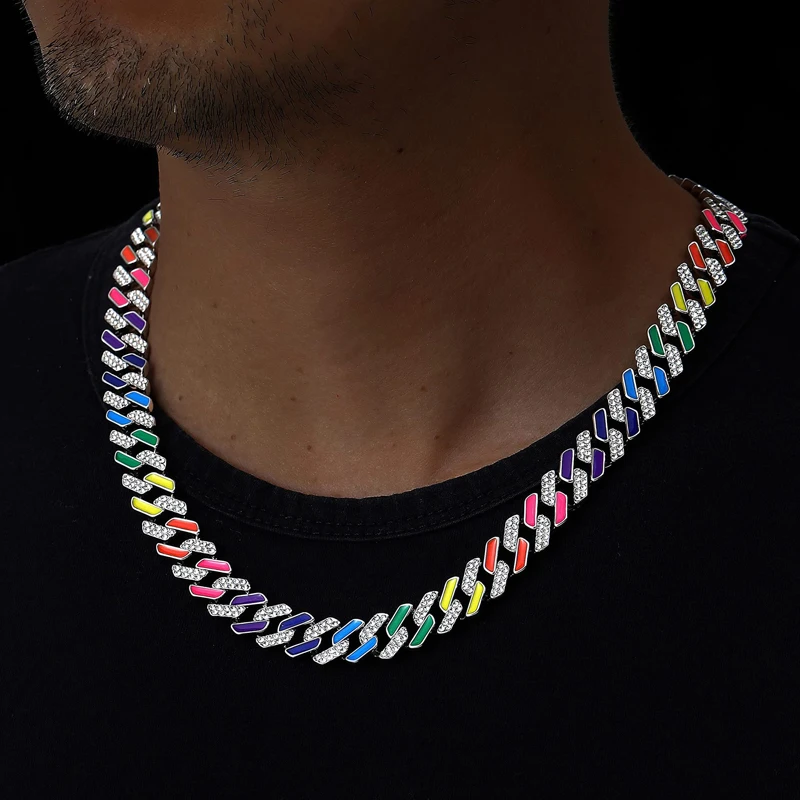 

Iced Out Cuban Link Chain Colorful Enamel Hip-Hop Necklaces 12mm Paved Rhinestone Bling Miami Jewelry Silver Gold Plated for Men