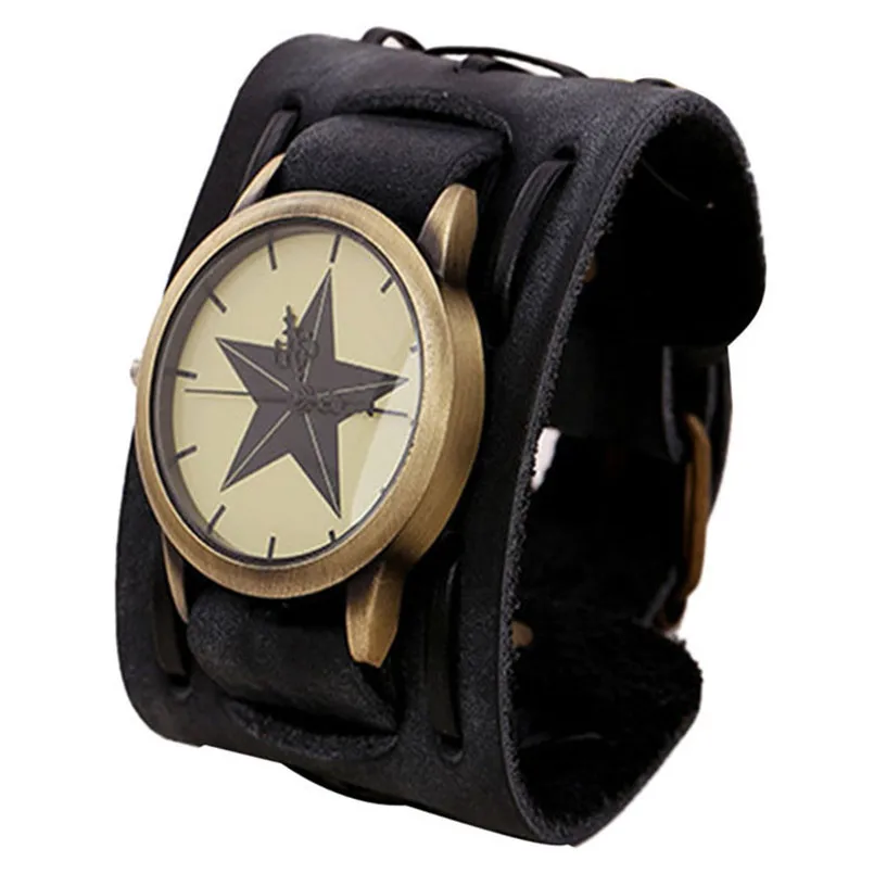 

Punk Brown Quartz Watch For Men Retro Male Clock Big Wide Leather Bracelet Cuff Men Watches Cool Star Printed Analog Dial Reloj