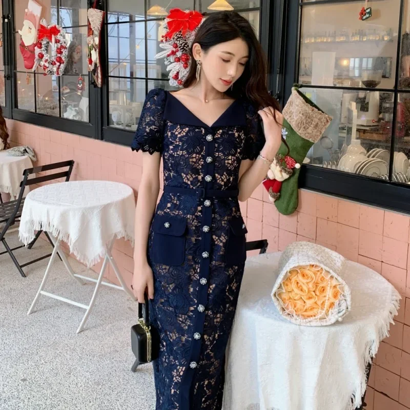 2024 ранняя весна новое женское водорастворимое кружево темно-синее платье с