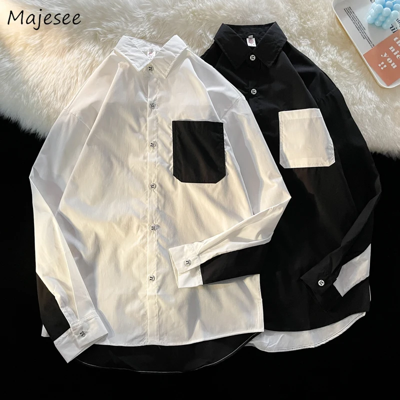 

Shirts Men Patchwork Pockets Loose Trendy Couple Turn-down Collar All-match Minimalist Chemise Homme Single Breasted Casual Chic