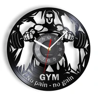 weightlifting men vinyl record wall clock no pain no gain inspirational quote fitness workout home gym decor clock wall watch