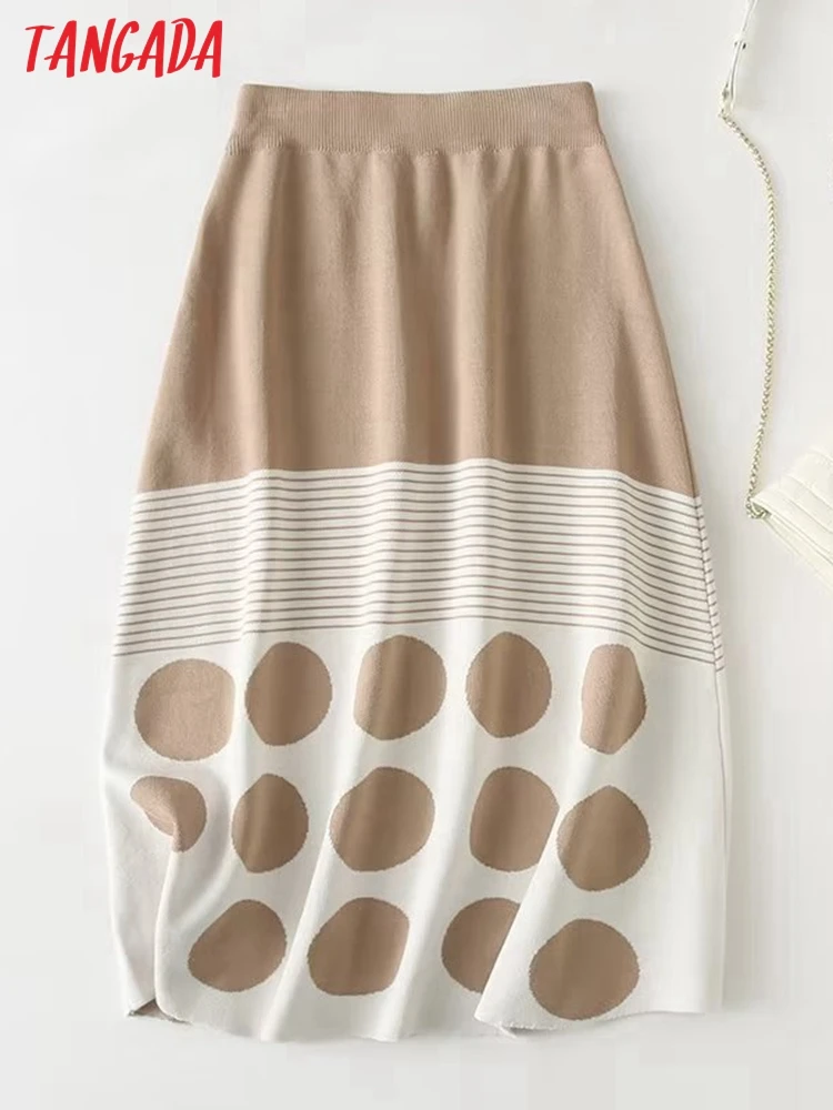 

Tangada Women Dots Pattern Knit Midi Skirts Faldas Mujer Strethy Waist 2022 Autumn Winter OL Sweater Skirt YU111