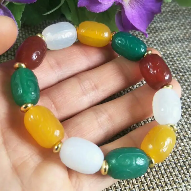 

Natural Colorful Bracelet Agate Pulsera Feng Shui Tibet Jades Beads Elastic Beaded Bracelets Men Women Lucky Amulet Jade Bangles