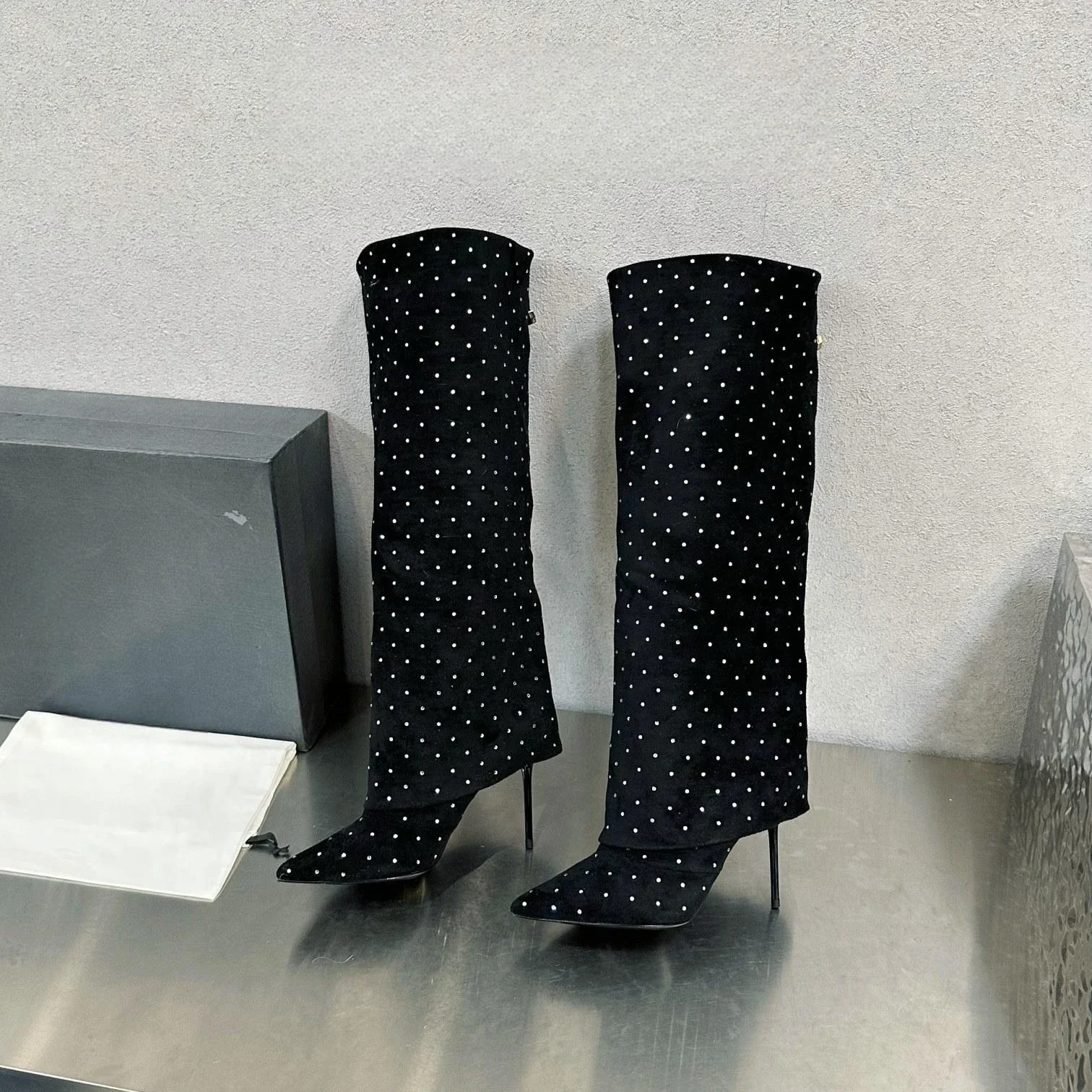 

Новые женские ботинки, искусственная кожа, Детские замшевые сапоги на очень высоком каблуке, сапоги до колена с кристаллами, дизайнерская обувь, женские сапоги