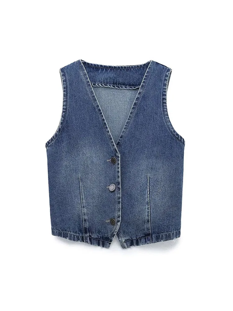 

Новинка осени 2022, модная женская джинсовая майка с V-образным вырезом и пуговицами