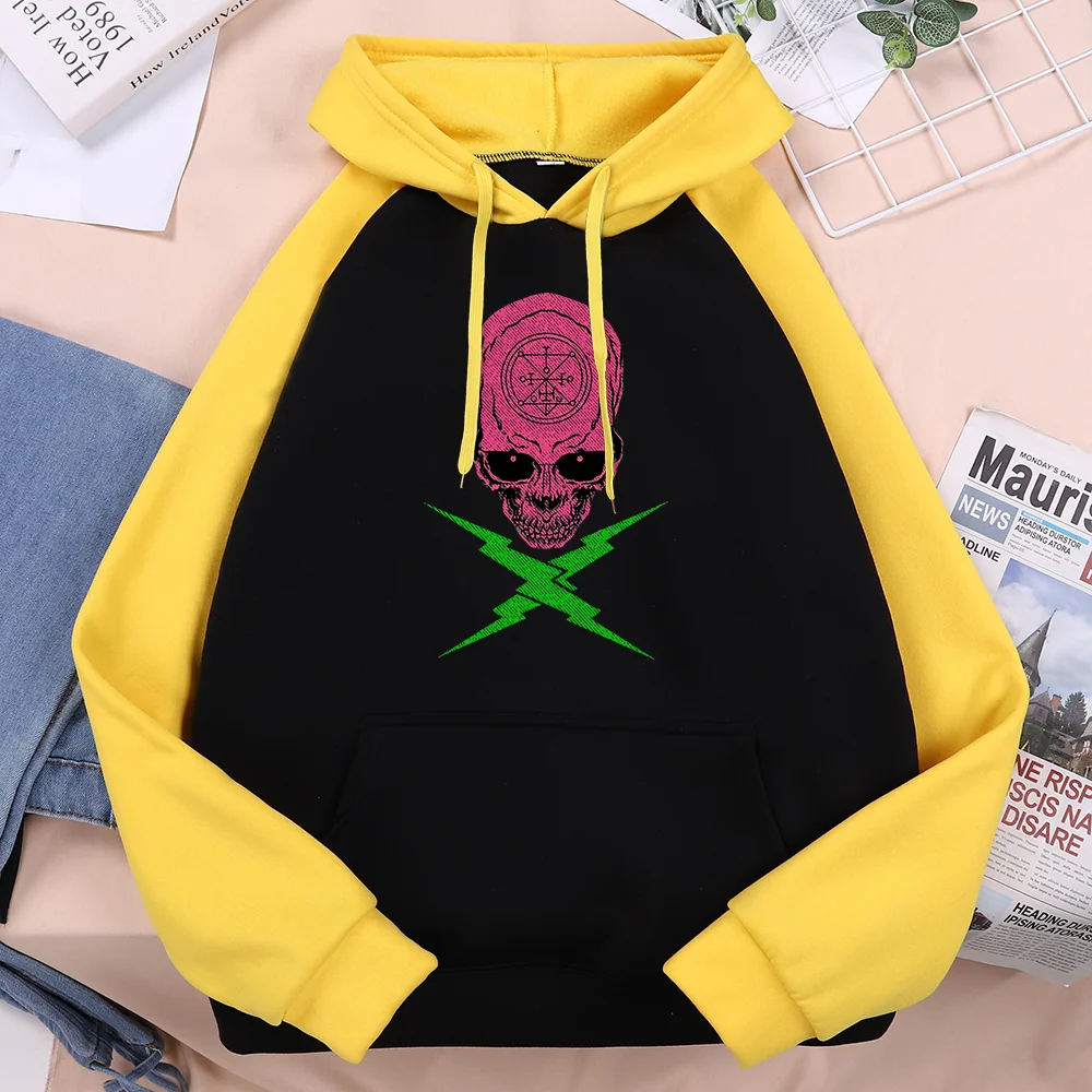 

Cyberpunk Skull Face Lightning Vaporwave Urban Street Style Mens Clothing Harajuku Oversized Pullover O-Neck Male Raglan Hoodies