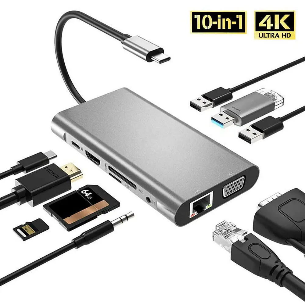 Разветвитель USB Type-C 10 в 1 док-станция с несколькими портами HDMI SD TF Gigabit Ethernet для ПК