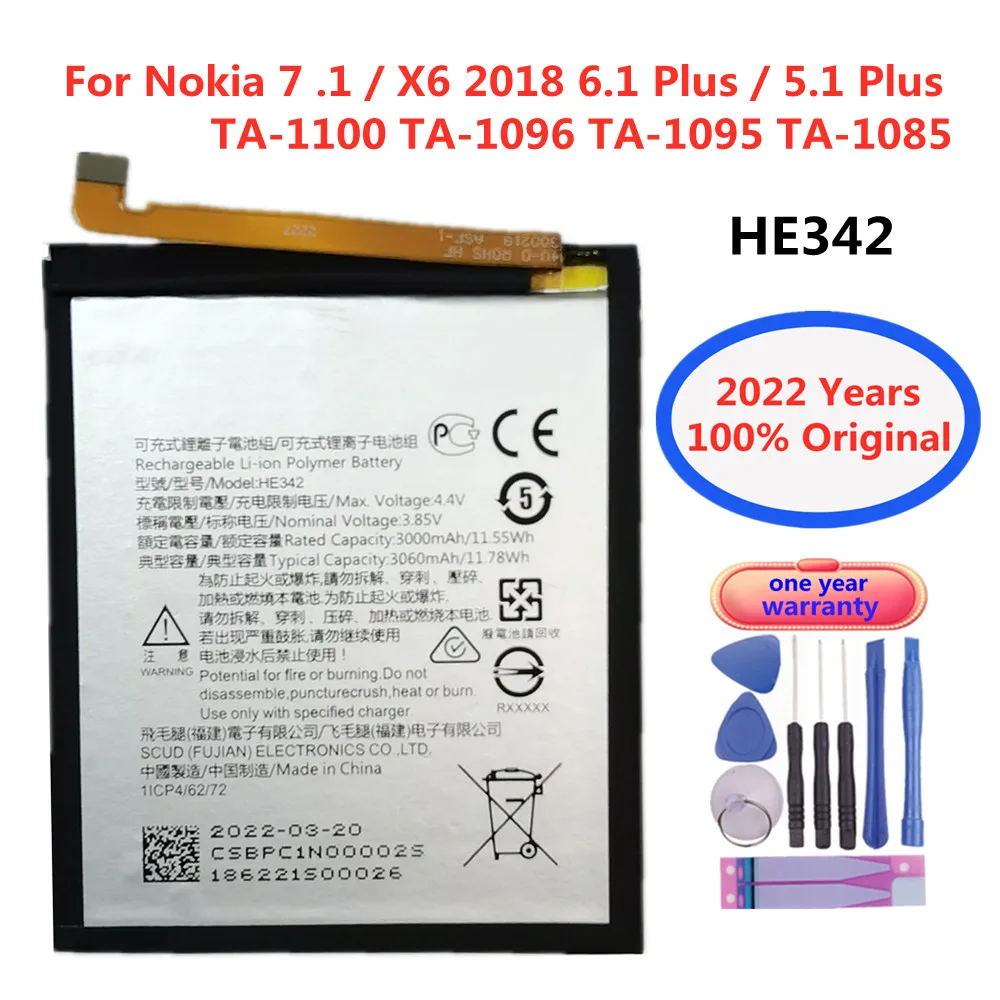 

HE342 Replacement Battery For Nokia X6 2018 6.1 Plus 7 .1 /5.1 Plus TA-1100 TA-1096 TA-1095 TA-1085 Smart Mobile Phone Battery