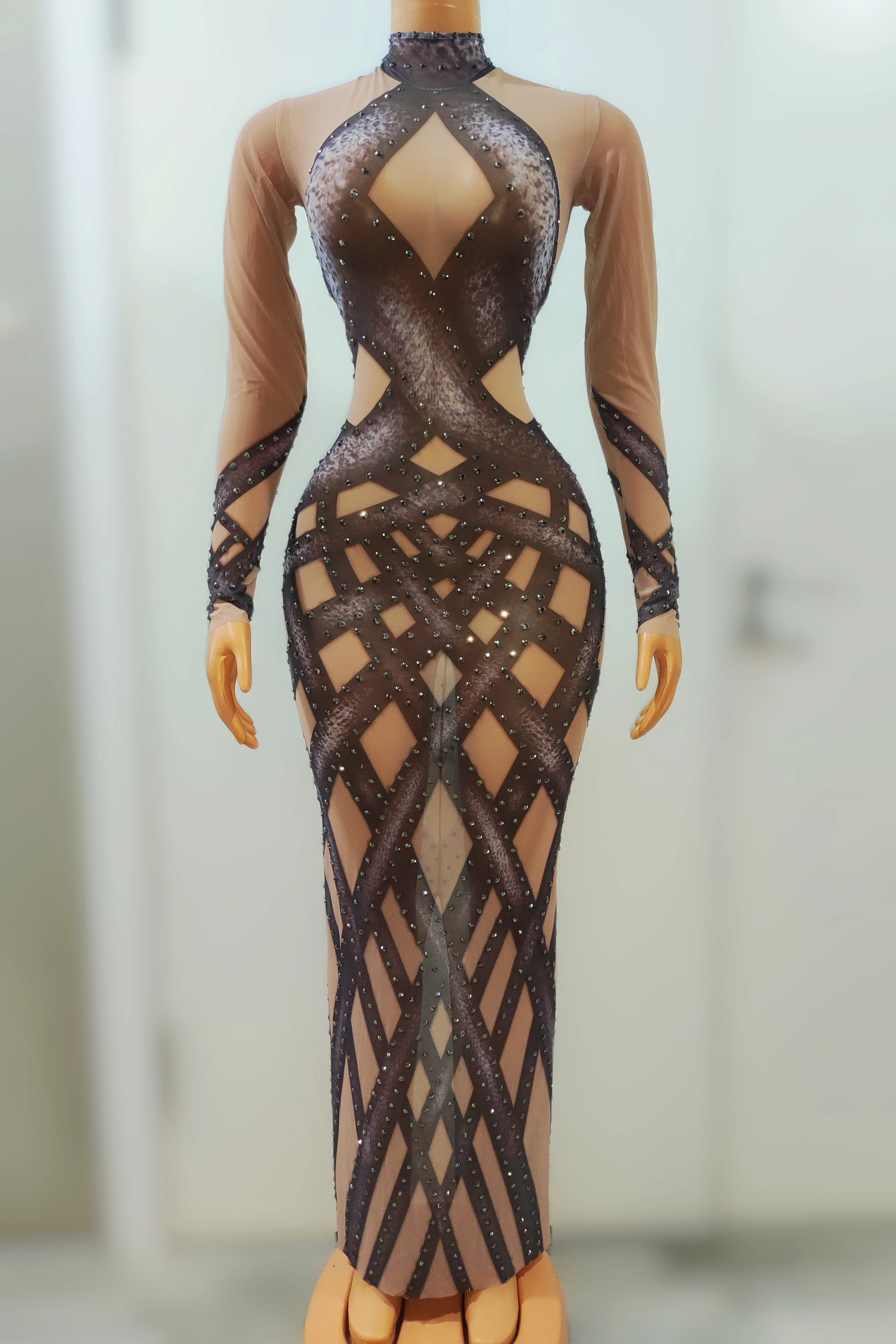 

Long Sleeves Black Rhinestones Transparent Dress Evening Bar Women Dance Celebrate Dress Birthday Outfit jiaocuo