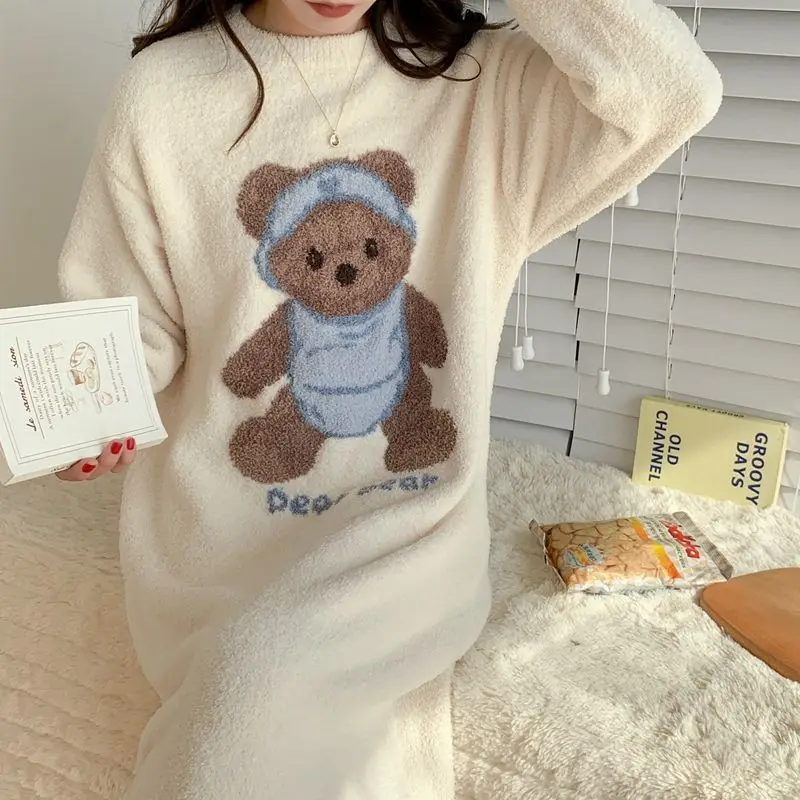 QWEEK Coral Velvet Long Nightie Kawaii Korean Style Bear Print Sleepwear Warm Thicken Women's Nightdress Winter Homewear