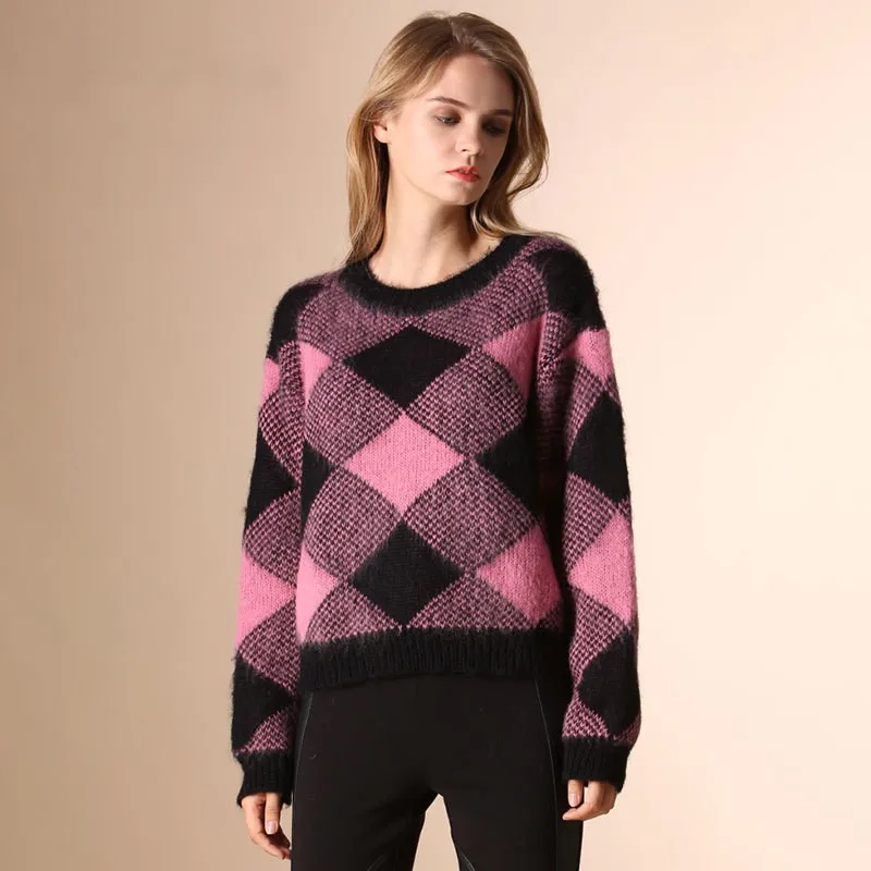 

Emily In Paris Same Round Neck Pullover Wool Knitted Sweater 2023 Spring New Retro Pink Black Plaid Long Sleeve Knitwear Women