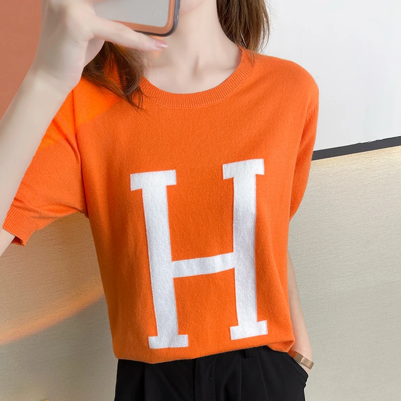 

2022 Women's Cashmere O-Neck H pattern Short Sleeve Knitted Pullover Cashmere Sweater Women Jumper