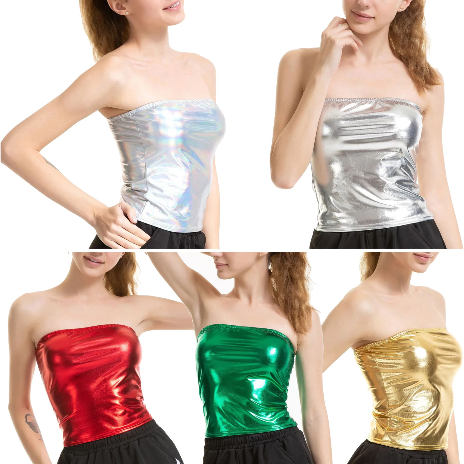 

Womens Sexy Crop Top Shiny Tube Top Fashion Solid Color Strapless Vest Streetwear Clubwear Party Costume