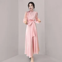 spring women vintage green dress long sleeve pink bow mixi dress korean clothing waist lace up robe 2022 female vestidos