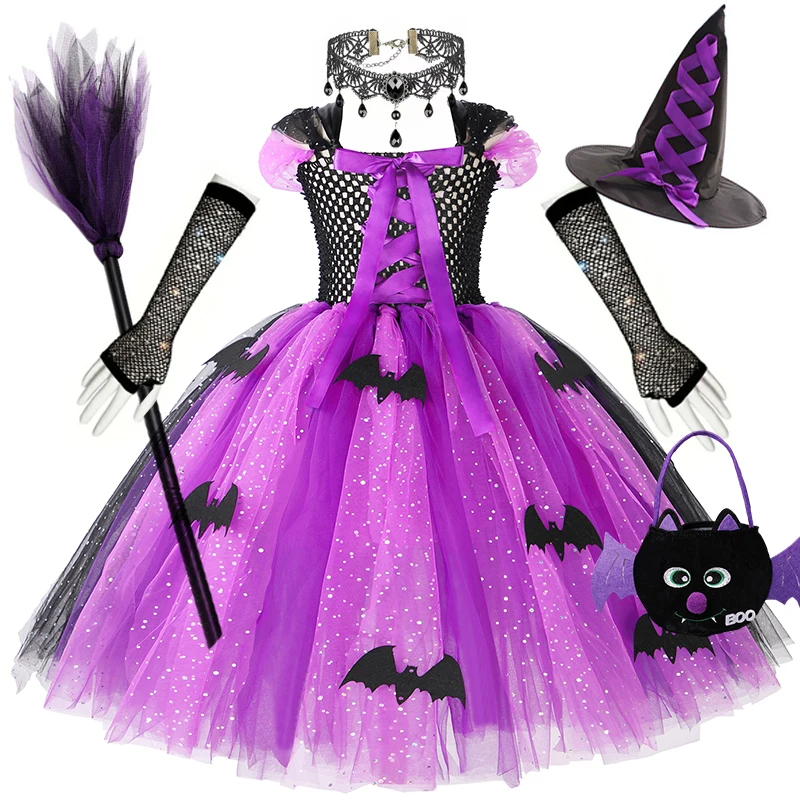 Halloween New Witch Tutu Dress For Girls Handmade Mesh Bat Wizard Cosplay Costumes With Hat Broom Toddler Evil Party Clothes Set