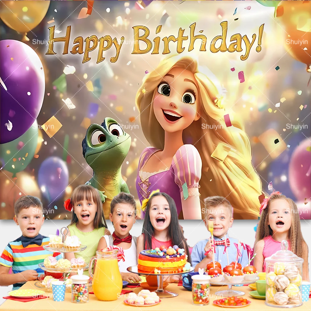 Фото Фон для фотосессии с принцессой Рапунцель из мультфильма Disney Tangled, декорации для вечеринки в честь дня рождения девочки, баннер для детского праздника, подарки, фон для фотосъемки №4