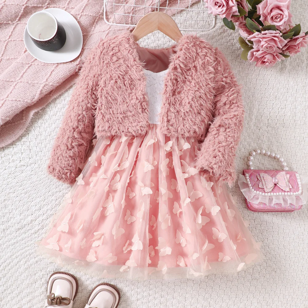 Комплект одежды 2024 пальто с длинным рукавом и перьями для девочек розовое платье