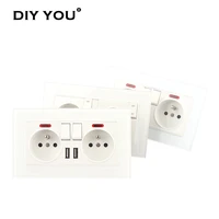 fr standard wall socket with switch indicator usb double power embedded outlet 16a crystal glass panel ac 110250v 146mm86mm