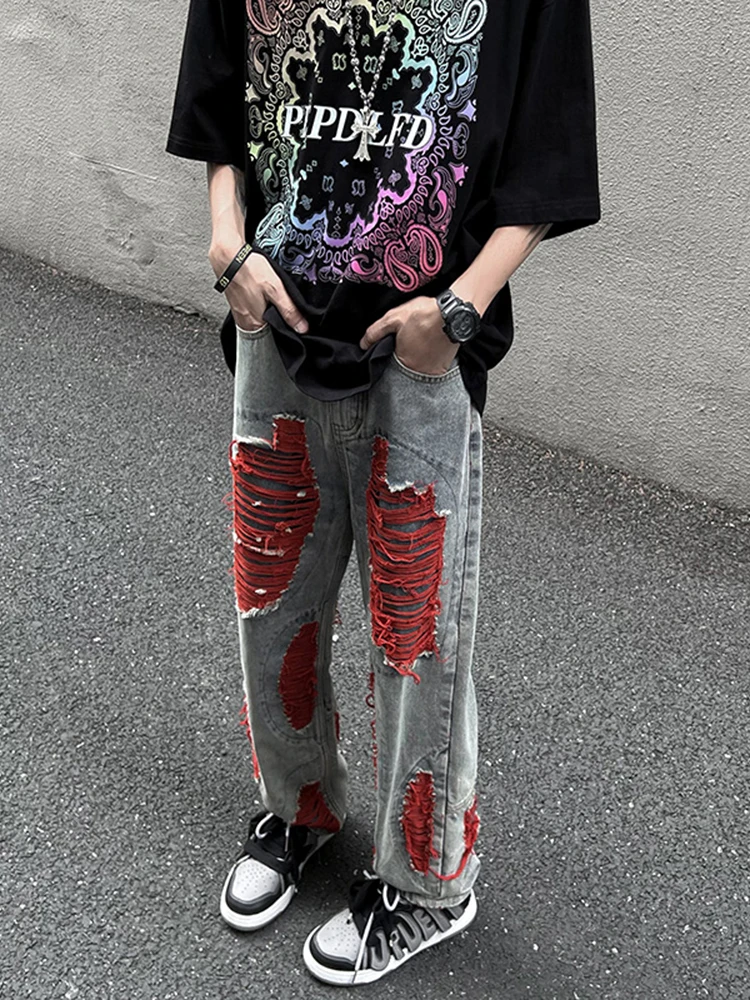 Men's High Street Jeans Four Seasons Design Straight Pants Trend Loose Wide Leg Ripped Pants Hip Hop Jeans Ins Hot Sale